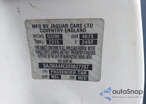 2008 Jaguar Xkr z USA, uszkodzony, nr VIN SAJWA44C889B27707